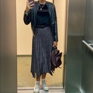 Zara Black Ecru Pleated Polka Dot Print Midi Skirt
